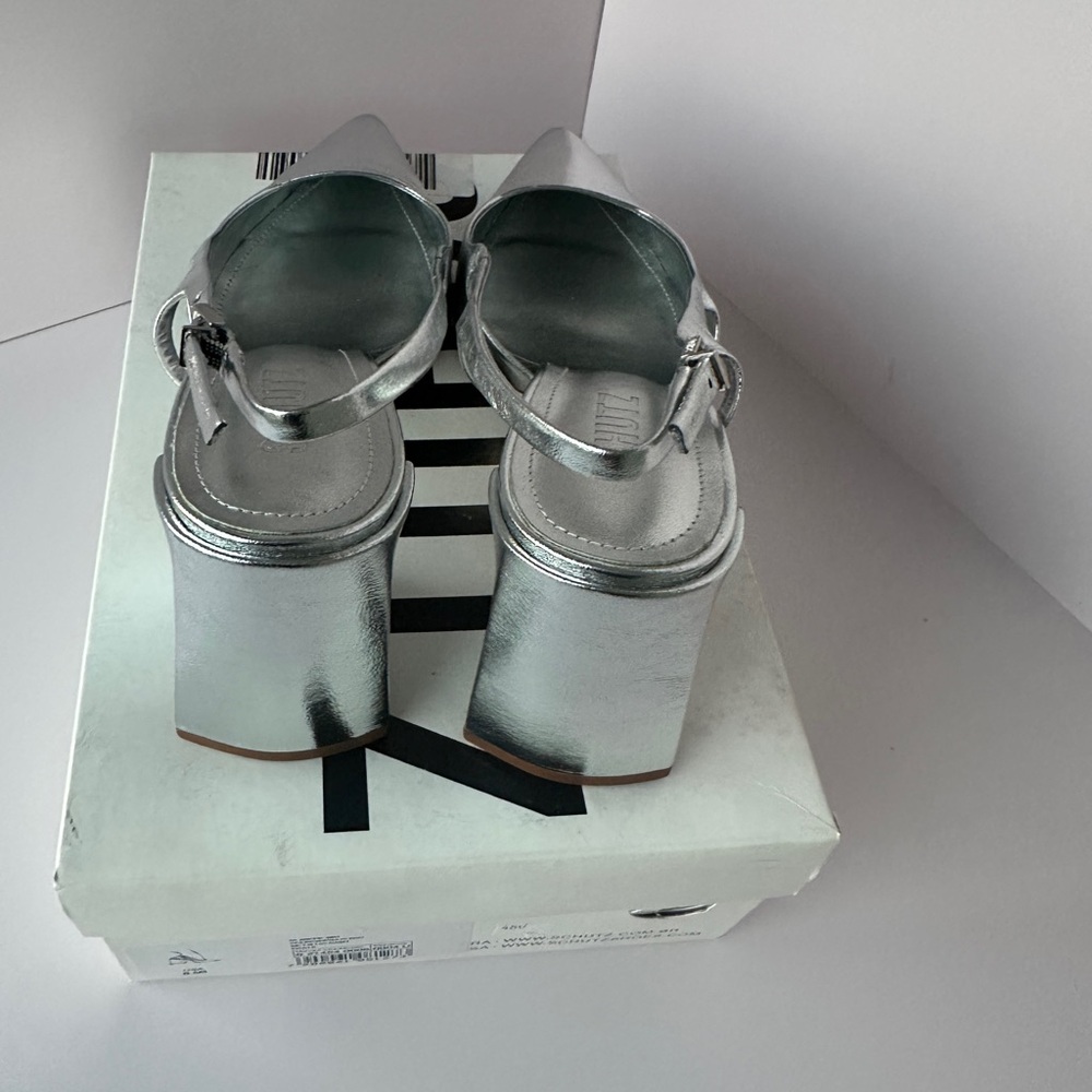 SCHUTZ Shiny Silver Pointed Slingback Heels - Picture 3 of 10